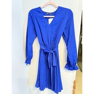 PRETTYGARDEN Long Puff Sleeve V Neck Pleated Ruffle Flowy Belted Dress